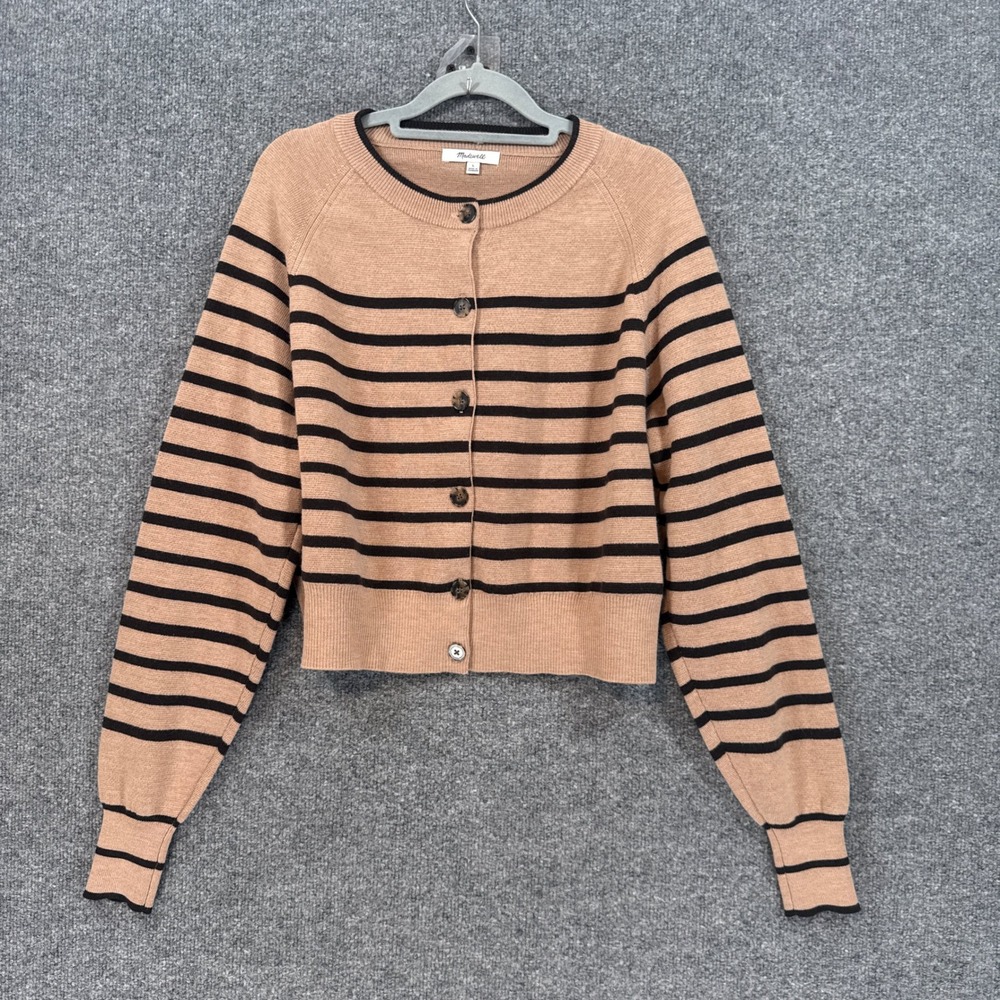 Madewell Cardigan Sweater Women Large Tan Striped Merino Wool Cropped Buttons